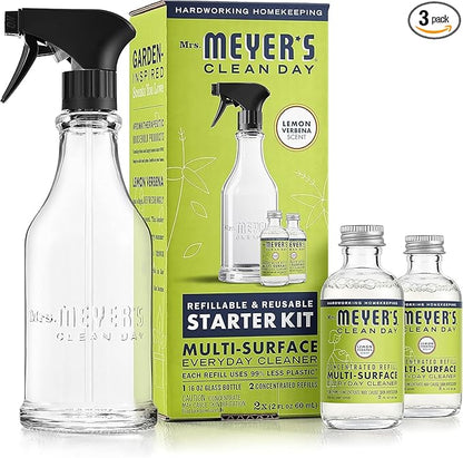MRS. MEYER'S CLEAN DAY Multi-Surface Cleaner Dispenser and Concentrate Starter Kit, 1 Glass Dispenser (16 Fl. Oz.) and 2 Concentrated Refills (2 Fl. Oz. each), Lemon Verbena, Makes 32 Fl. Oz. Total