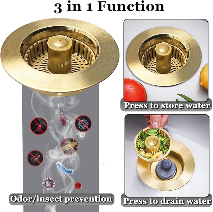 BAOLSLS Kitchen Sink Drain Strainer, 3 in 1 Pop up Kitchen Sink Stopper, with an Extra Basket Strainer, for US Standard 3-1/2 Inch Drain, Copper Material, Brushed Gold
