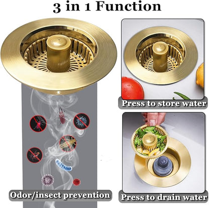BAOLSLS Kitchen Sink Drain Strainer, 3 in 1 Pop up Kitchen Sink Stopper, with an Extra Basket Strainer, for US Standard 3-1/2 Inch Drain, Copper Material, Brushed Gold