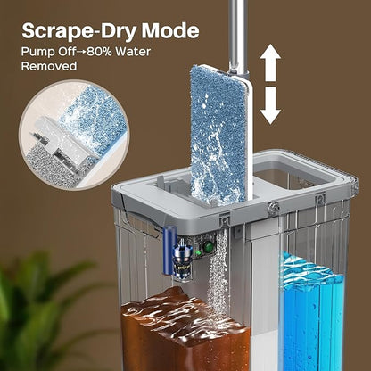 Mop and Bucket Set with AUTO Pump, 3-Zone Separate Dirty and Clean Water, Flat Mop and Bucket System with Wringer and Wheels, 3 Reusable Microfiber Pads, One-Touch Water Filling for Home Cleaning