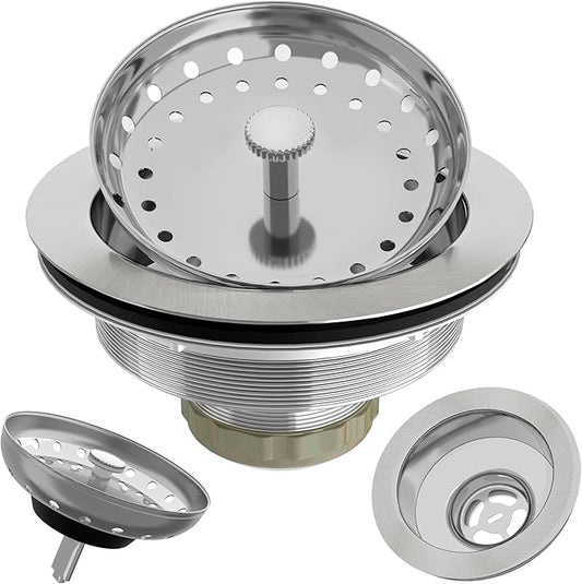 Kitchen Sink Drain 3-1/2 Inch Brushed Stainless Steel Sink Drain Strainer Assembly Kit with Sink Strainer Basket and Drain Stopper for Standard Kitchen Drains Brush Nickel Silver