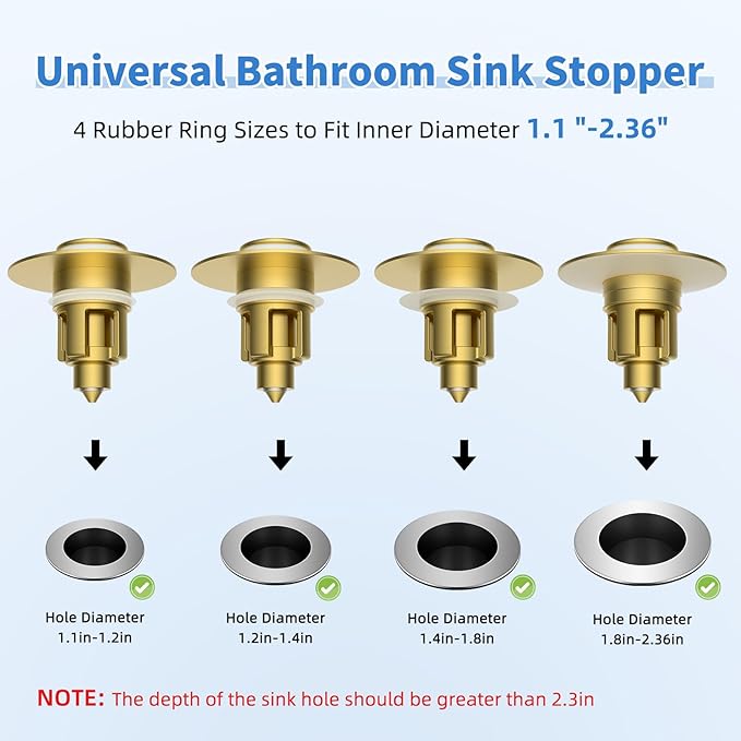 iFealClear Metal Universal Bathroom Sink Stopper, Upgraded Stainless Steel Sink Drain Strainer for 1.1''~2.36" Basin Pop Up Drain Strainer, Anti-Clogging Filter Basket, Brushed Gold