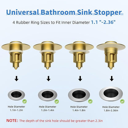 iFealClear Metal Universal Bathroom Sink Stopper, Upgraded Stainless Steel Sink Drain Strainer for 1.1''~2.36" Basin Pop Up Drain Strainer, Anti-Clogging Filter Basket, Brushed Gold