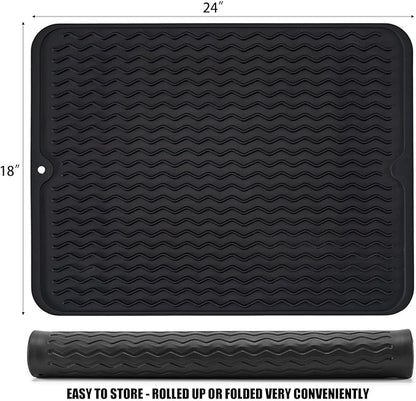 Large 24" x 18" Silicone Dish Drying Mat for Kitchen Counter, Easy clean, Quick Dry, Heat-resistant Dish Drainer Mat for Sink,Refrigerator or Drawer liner (Food Grade Silicone-Black)