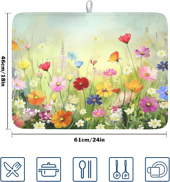 Spring Summer Daisy Dish Drying Mat 18 x 24 Inch Colourful Floral Pattern Dish Drainer Rack Mat Absorbent Microfiber Mats Holiday Dish Pad for Kitchen Coffee Dining Bar Decor