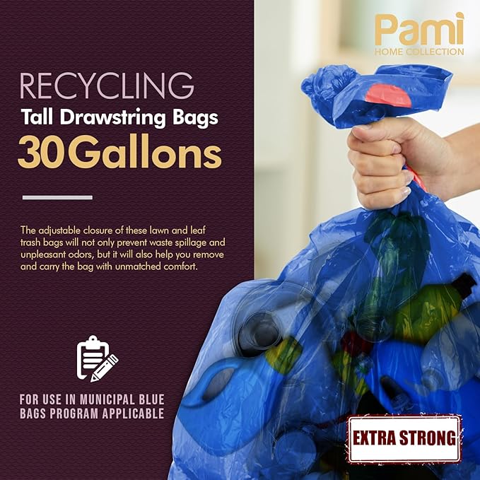 PAMI Recycling Tall Kitchen Drawstring Trash Bags- Extra-Strong Plastic Garbage Bags- Thick Trash Can Liners For Kitchen & Outdoor Bins- 2ft x2ft Unscented Trash Bags (30 Gallon – 35 Count – Blue)