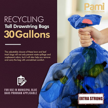 PAMI Recycling Tall Kitchen Drawstring Trash Bags- Extra-Strong Plastic Garbage Bags- Thick Trash Can Liners For Kitchen & Outdoor Bins- 2ft x2ft Unscented Trash Bags (30 Gallon – 35 Count – Blue)