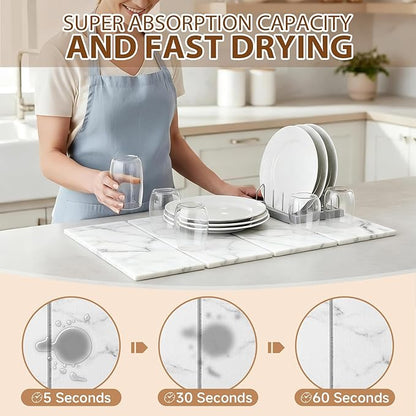 Large Stone Dish Drying Mat for Kitchen Counter,24"(L)×16"(W),Quick Dry Super Absorbent Drying Matt Kitchen Counter,Collapsible Diatomaceous Earth Dish Mats,for Dishes Bottles Cups,Any Countertop