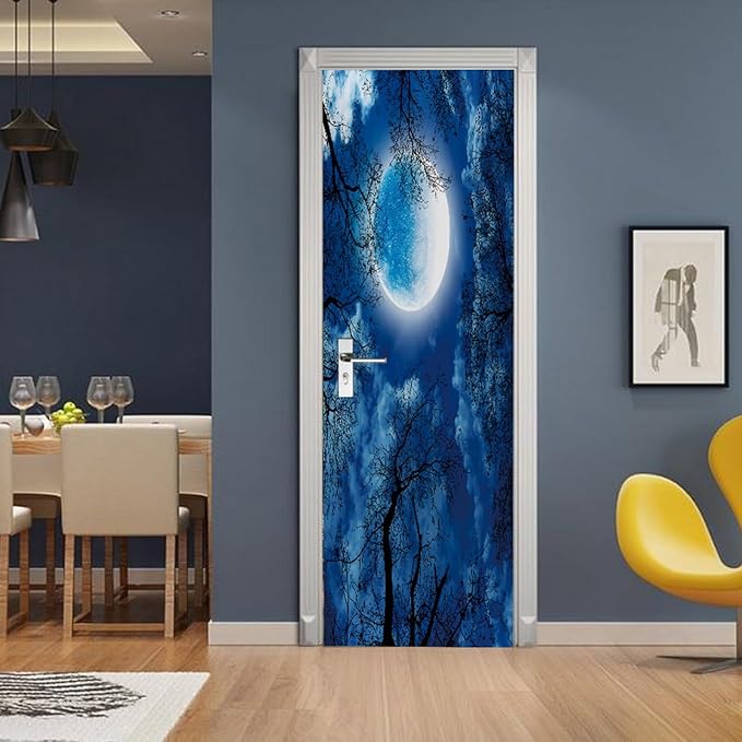 A.Monamour 3D Door Stickers for Interior Doors Silhouette of Dry Tree Against Night Blue Sky and Bright Full Moon Vinyl Waterproof Self Adhesive Door Mural Decals for Bedroom Office Bathroom 90x200cm