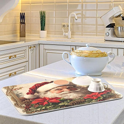 Christmas Santa Claus Poinsettia Dish Drying Mat for Kitchen Counter Absorbent Microfiber Drying Pad, Large 18x24 in