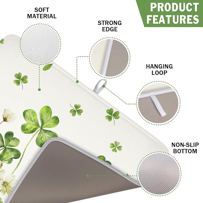 St Patrick's Day Dish Drying Mat 16 x 18 Inch Green Clover Dish Drainer Rack Mat Absorbent Microfiber Mats for Shamrock Dish Pad Spring Lucky Dish Pad for Kitchen Bar Decor