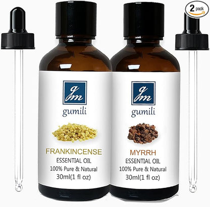 GM Gumili Frankincense and Myrrh Essential Oil Combo Set (2 Pack), 100% Pure Undiluted Essential Oils for Aromatherapy, Massage, Meditation & Skincare