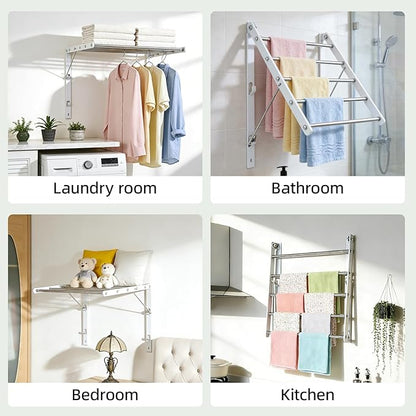 Wall Mounted Clothes Drying Rack, 24'' Retractable Foldable Laundry Drying Rack with 5 Stainless Steel Rods, Space Saving & Easy Installation for Laundry Bathroom Apartments-White