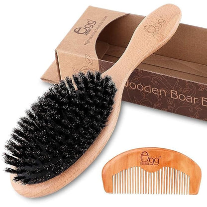 BLACK EGG Boar Bristle Hair Brush for Women Men Kid, Soft Natural Bristles Brush for Thin and Fine Hair, Restore Shine and Texture, Set includes Bamboo comb and 3 hair ties, Excellent Gift Idea