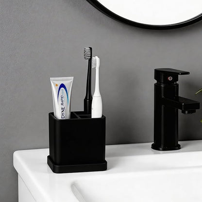 Toothbrush Holders for Bathrooms, 3 Slots Kids Countertop Silicone Electric Tooth Brush and Toothpaste Holder Organizer Stand with Drainage Tray, Bathroom Accessories Decor, Black