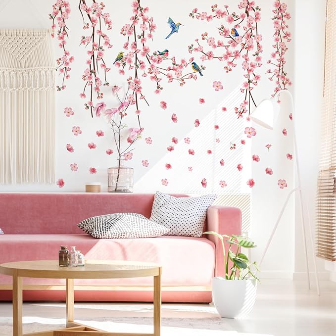 9 Sheets Cherry Blossom Decor Wall Decals Peel and Stick Pink Room Decor for Girls Bedroom Large Removable Wall Stickers & Murals Vinyl Car Decals for Women Living Room Office Vine Bird Art Clings