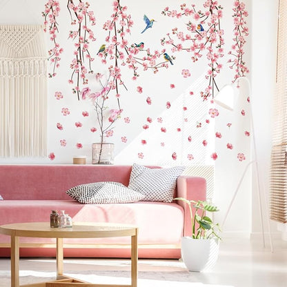 9 Sheets Cherry Blossom Decor Wall Decals Peel and Stick Pink Room Decor for Girls Bedroom Large Removable Wall Stickers & Murals Vinyl Car Decals for Women Living Room Office Vine Bird Art Clings
