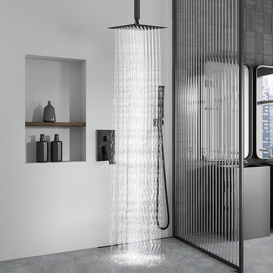 Aolemi Ceiling Mount Shower System Rain Shower Head with Handheld Spray High Pressure Shower Faucet Set Rough-in Valve Shower Trim Kit Included Bathroom Matte Black 10 Inch Ceiling Shower Head