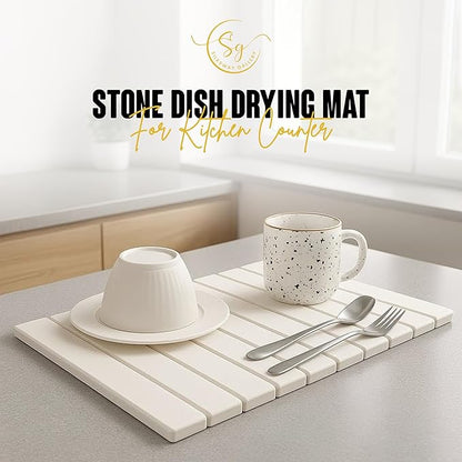 Large Stone Dish Drying Mat for Kitchen Counter, Instant Drying Pad, Super Absorbent Foldable Dish Drying Mat, 24"×16", White