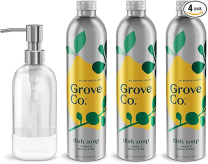 Grove Co. Ultimate Dish Soap Refills (3 x 16 Fl Oz) + Refillable Glass Dish Soap Dispenser for Kitchen Sink with Non-Slip Silicone Sleeve, Plastic Free Cleaning Products, Lemon & Eucalyptus