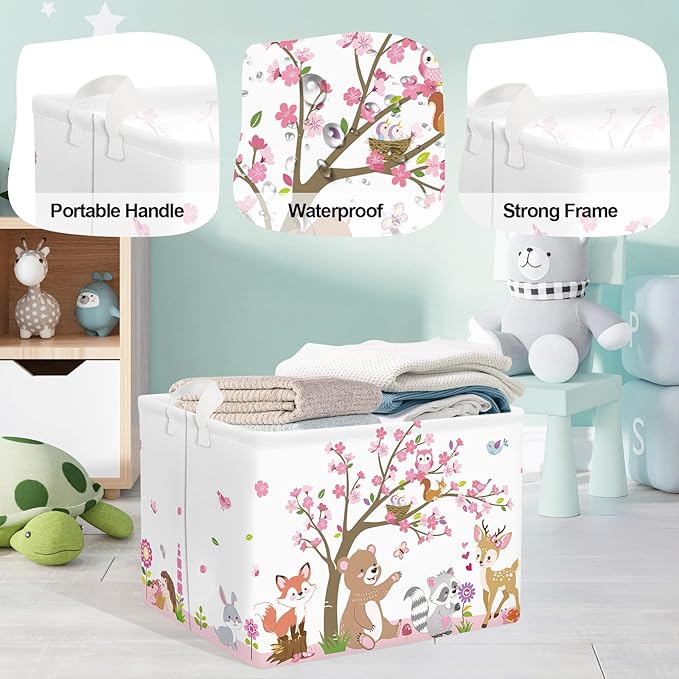 Forest Animals Laundry Hamper Woodland Tree Large Storage Basket Parents Organizer Kids Clothes Toy Bins for Bedroom, Bathroom, Pink, 36L