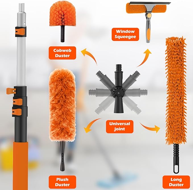 16FT Reach High Ceiling Duster Kits with 3-12FT Adjustable Pole - Includes Extra Long Duster, High Ceiling Duster, Rotatable Window Squeegee & Cobweb Duster for Ceiling Fans and Whole House Cleaning