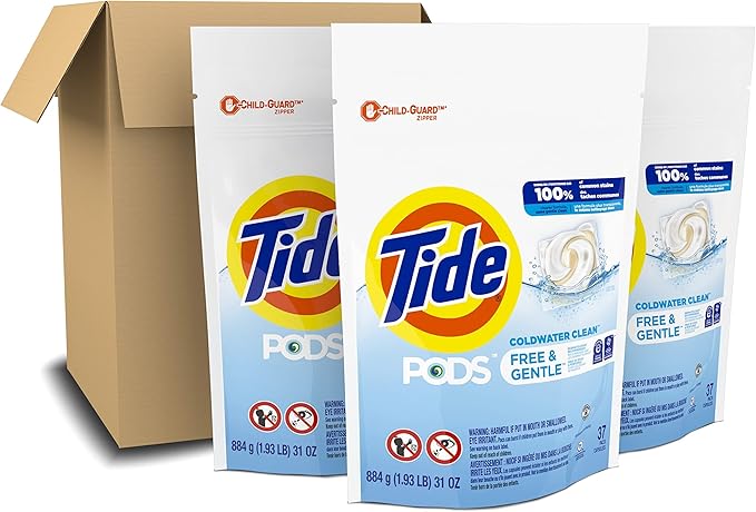 Tide PODS Free & Gentle, Laundry Detergent Soap Pods, Unscented, 3 Bag Value Pack, 111 Count, HE Compatible