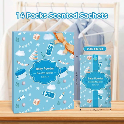 SCENTORINI Scented Sachets for Drawers and Closets, Baby Powder Scent 14 Pack, Long-Lasting Sachets Bags Wardrobe Freshener for Luggage, Handbags, Suitcases, Small Space