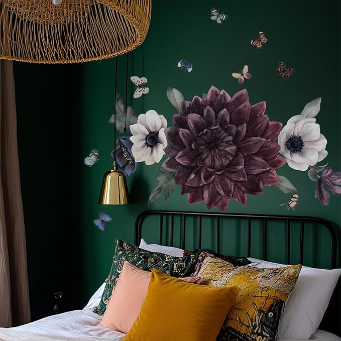 Fabric Peel and Stick Floral Wall Decal, Self-Adhesive Peony Flowers Wallpaper, Black Rose Sticker for Living Room Bedroom Wall Decor, Eden Peony