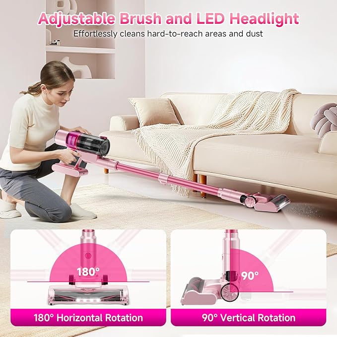 Cordless Vacuum Cleaner: Portable 6-in-1 Stick Vacuum with Anti-Tangle Brush, LED Headlight, Self-Standing, HD Display, Rechargeable Vacuum for Pet Hair, Low-Pile Carpet and Hardwood Floor-Dark Pink