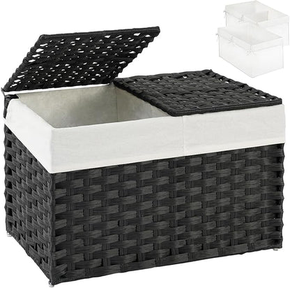 Storage Basket with Lid Rattan Woven Storage Baskets with 2 Separate Lids, 17.2 Gallon (65 L), Wicker Storage Bins Foldable, 2 Removable Liner Bags Handles for Bedroom, Laundry Room Black