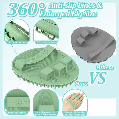 Silicone Back Scrubber & Soft Bath Glove 2PCS, 16''- 24'' Extendable Shower Scrubber with Dual-Side Head, 360° Anti-Slip & Hand-fit Silicone Body Scrubber for Rich Foaming Deep Cleaning(Green)