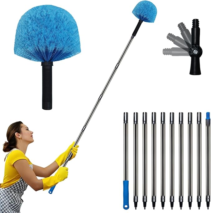 12 Ft Duster, Cobweb Duster with Extension Pole, Medium Stiff Bristles Cobweb Duster Head & 12-Feet Stainless Steel Pole Ceiling Fan Duster with Universal Joint for Outdoor Indoor Cleaning