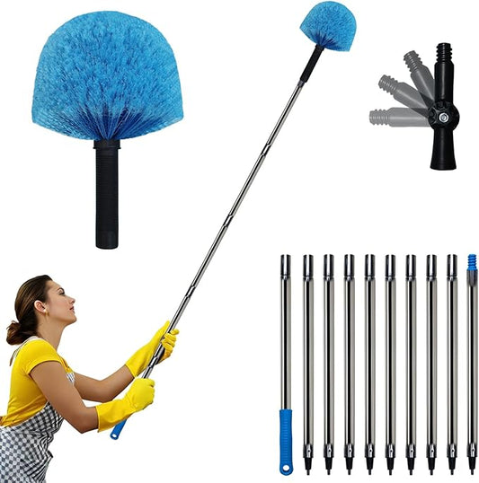12 Ft Duster, Cobweb Duster with Extension Pole, Medium Stiff Bristles Cobweb Duster Head & 12-Feet Stainless Steel Pole Ceiling Fan Duster with Universal Joint for Outdoor Indoor Cleaning