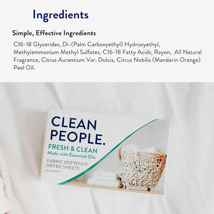 The Clean People Fabric Softener Sheets - Dryer Sheets - Softens & Removes Static Cling - Vegan Laundry Softener With Essential Oils - Fresh Scent, 240 Pack