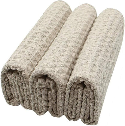 Waffle Weave Absorbent Kitchen Dish Towels - Thick Microfiber 16Inch x 24Inch 3 Pack Khaki
