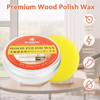 Wood Wax for Furniture, Paste Wax for Wood Floor Polish, Conditioner, Cleaner, Restorer, Protective Finish for Surfaces, Furniture Polish for Wooden Floors, Cabinets, Tables, Doors(3.5oz)