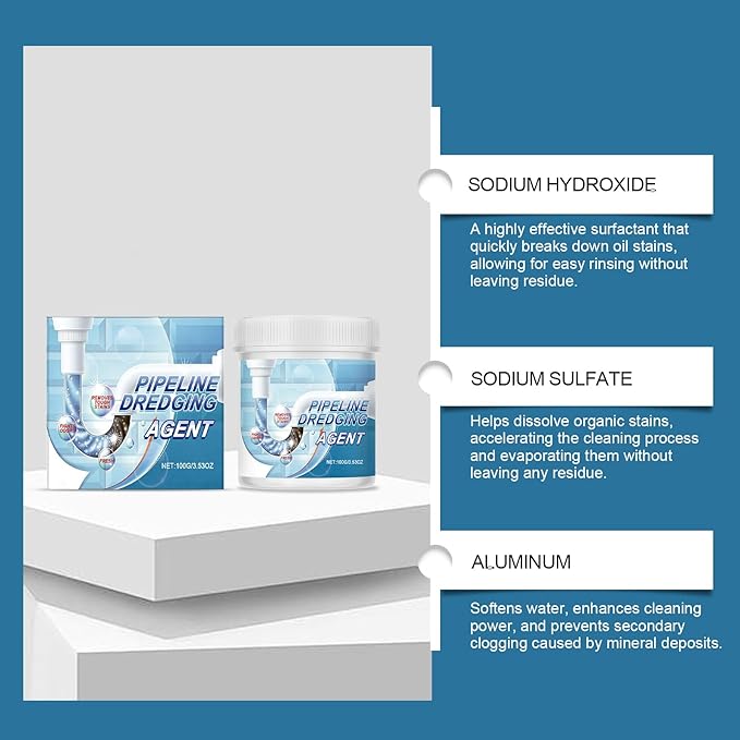 Powerful Drain Clog Remover Powder 100g, Fast-Acting Drain Cleaner with Sodium Sulfate & Sodium Hydroxide, Dissolves Hair, Grease & Soap Scum, Deep Cleans Pipes for Kitchen Sinks & Bathroom Drains