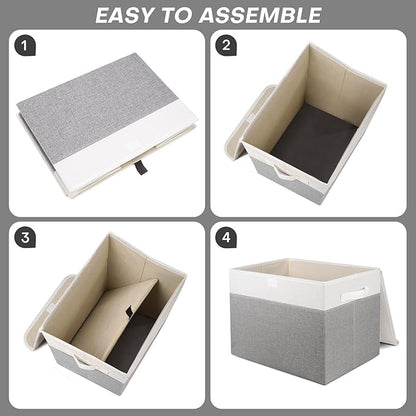 Large 17" 42 Quarts Collapsible Stackable Storage Bins with Lids [3-Pack] Foldable Fabric Linen Storage Boxes Cube, Closet Organizer Baskets with Label (16.7 x 12 x 12, Gray & White)