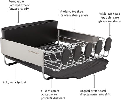 KitchenAid Compact, Space Saving Rust Resistant Dish Rack with Removable Flatware Caddy and Angled Self Draining Drainboard, 16.06-Inch, Black