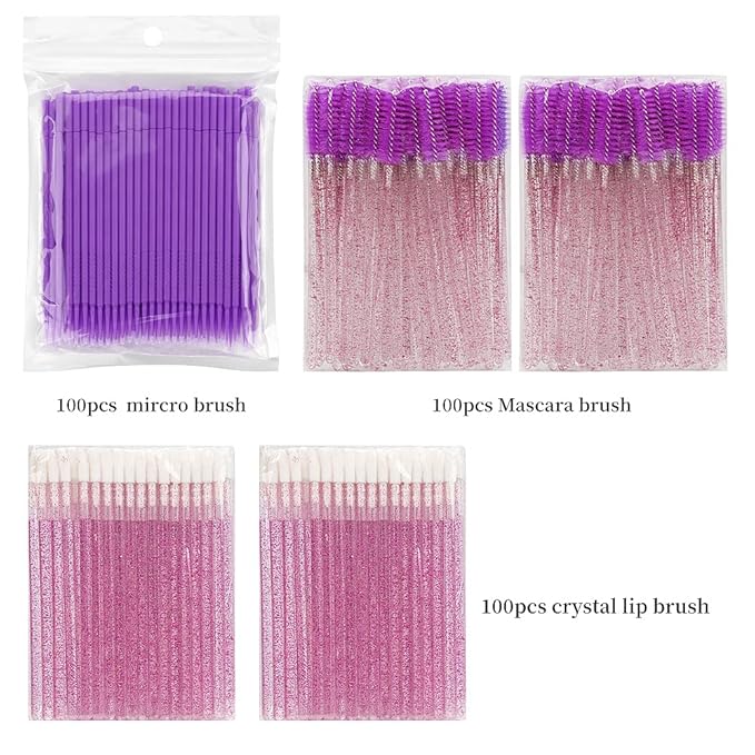 300 PCS Eyelash Extension Supplies Kit Disposable Micro Applicator Brush Eyebrow Spoolies Lip Stick Brush Mascara Wand Applicator Makeup Brush Tool (Purple Sets)