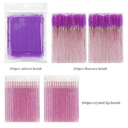 300 PCS Eyelash Extension Supplies Kit Disposable Micro Applicator Brush Eyebrow Spoolies Lip Stick Brush Mascara Wand Applicator Makeup Brush Tool (Purple Sets)