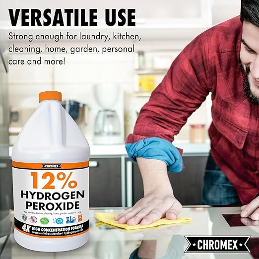 Hydrogen Peroxide 12 Percent Food Grade, 4X Power Concentrated Solution, Versatile Uses Include Topical Care, Home, Kitchen, Bath Cleaner, Laundry, Whitening, 8 Gallons