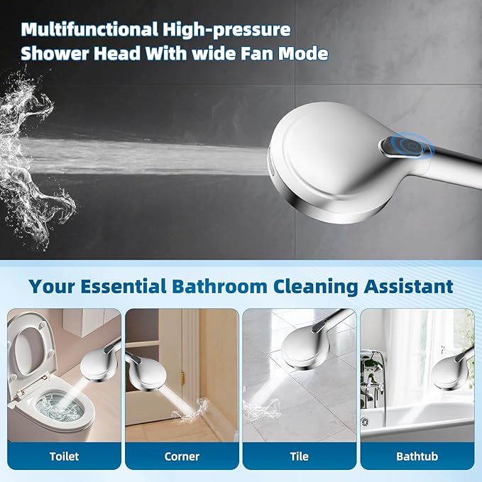 Hibbent All Metal cUPC Certified Shower Head, 8'' High Pressure Rainfall Shower Head, Handheld Showerhead Combo with 16'' Adjustable Extension Arm, 10 Sprays, 71'' Hose, Showerhead Holder, Chrome
