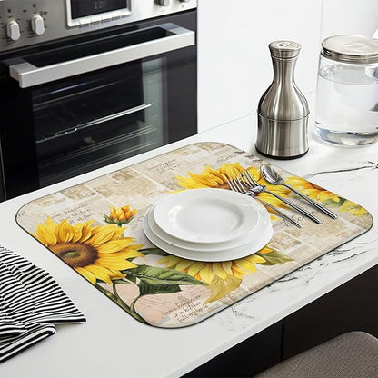 Dish Drying Mat Drainer Pads - Extra Large Microfiber Drying Mats for Dishes Kitchen Counter Super Absorbent Pads for Draining Racks (Sunflower,16"x18" )