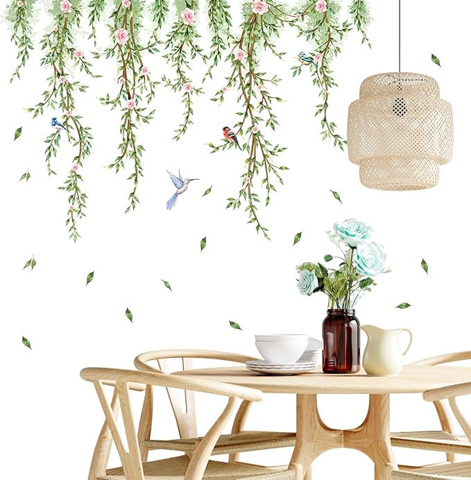 Hanging Vine Wall Decals with Birds Green Leaves Flowers Removable Peel and Stick Wall Stickers for Bedroom Living Room Nursery Bathroom Kitchen Home Decor DIY Forest Wall Art