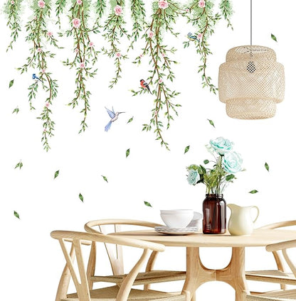 Hanging Vine Wall Decals with Birds Green Leaves Flowers Removable Peel and Stick Wall Stickers for Bedroom Living Room Nursery Bathroom Kitchen Home Decor DIY Forest Wall Art