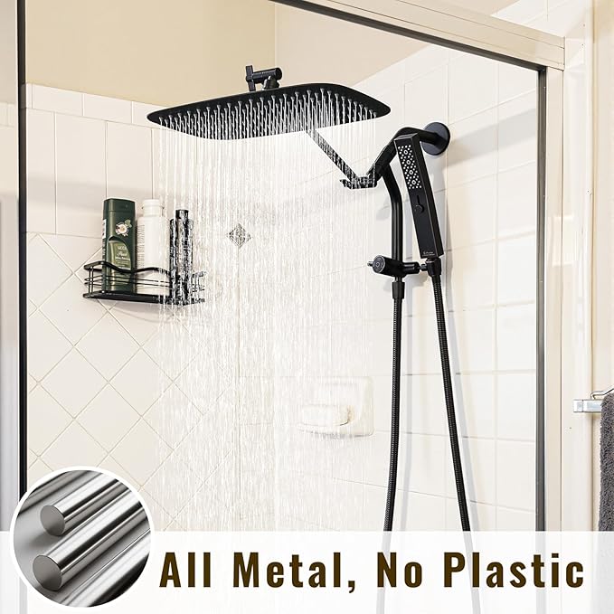G-Promise All Metal 14 Inch Shower Head with Massage Mode Handheld, Rain Shower Head with Handheld Spray Combo, 3-Way Diverter with Pause Setting, 12 Inch Adjustable Extension Arm (Oil Rubbed Bronze)