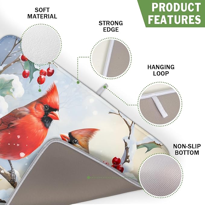 Winter Cardinal Birds Dish Drying Mat, Holly Berry Branches Dish Drying Mat for Kitchen Counter, Red Birds Absorbent Fast Dry Dish Drainer Mat Protector Xmas Microfiber Dish Drying Pad 16x18 Inch