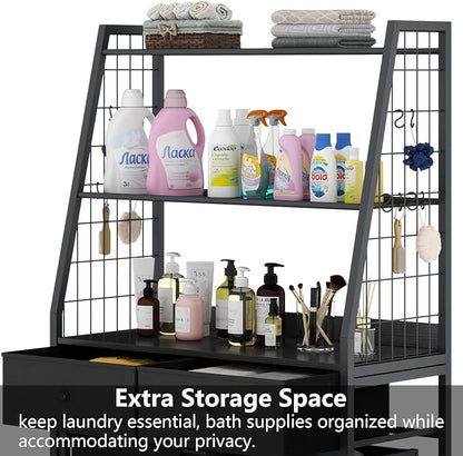 Laundry Hamper Laundry Basket with 3 Section Pull-Out Rolling Bags & 2-Tier Storage Shelf, Laundry Sorter for Organization and Storage with 2 Drawers for Laundry Room, Bathroom